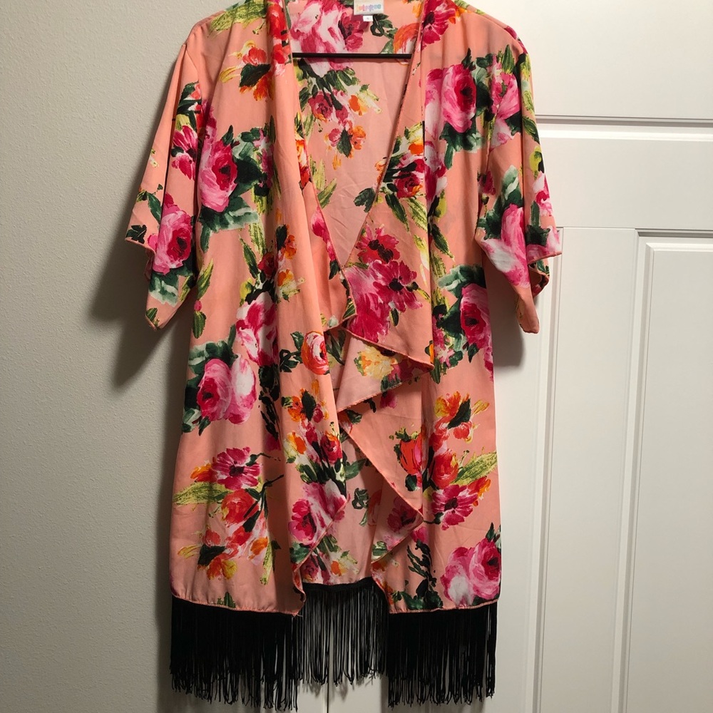 Pink Floral Kimono with Black Fringe